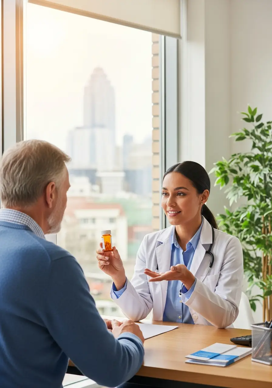 Лікар на прийомі пояснює пацієнту ризики самолікування знеболювальними НПЗП