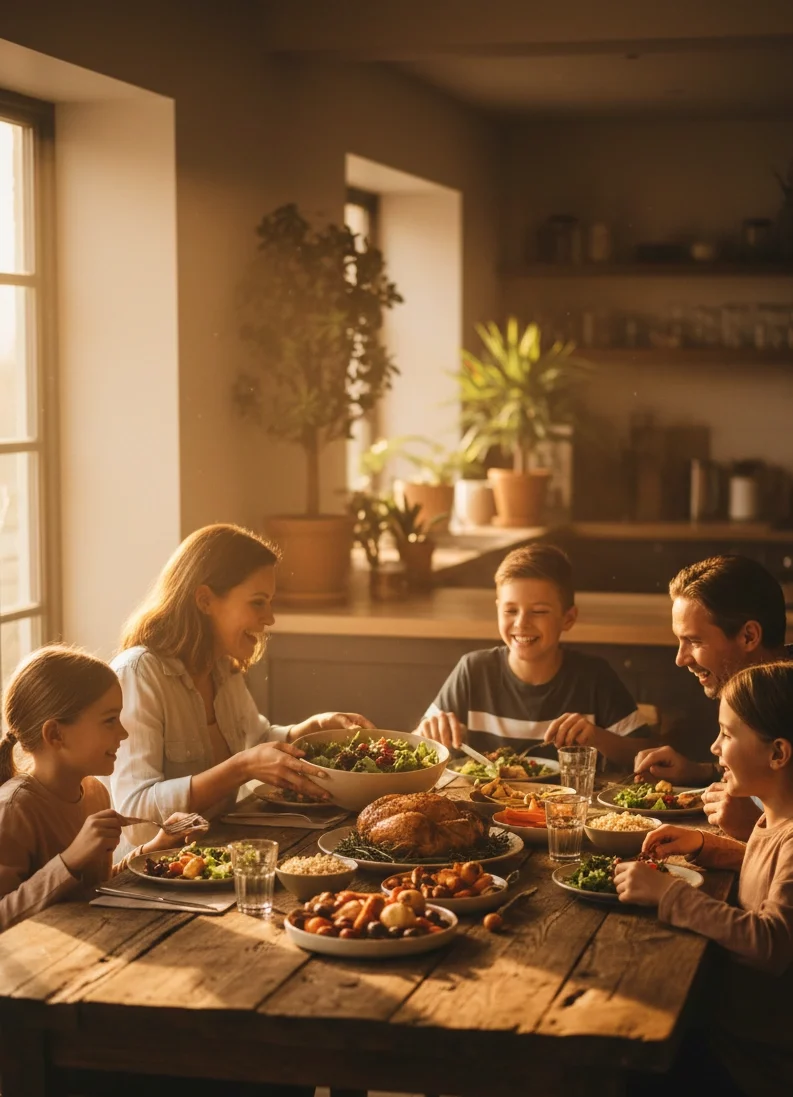 Щасливі батьки з дітьми за обіднім столом їдять та посміхаються, з вікна світить сонце
