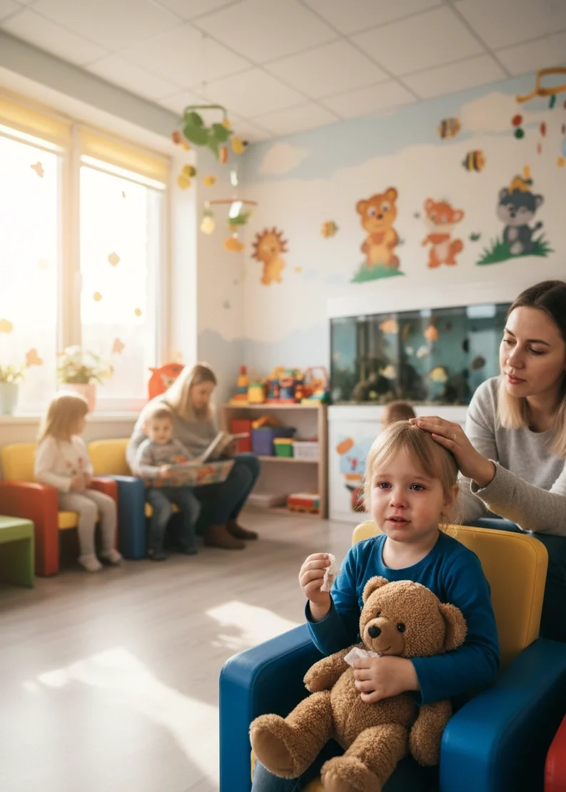 Мама з дитиною у поліклініці через часті застуди дітей наприкінці зими