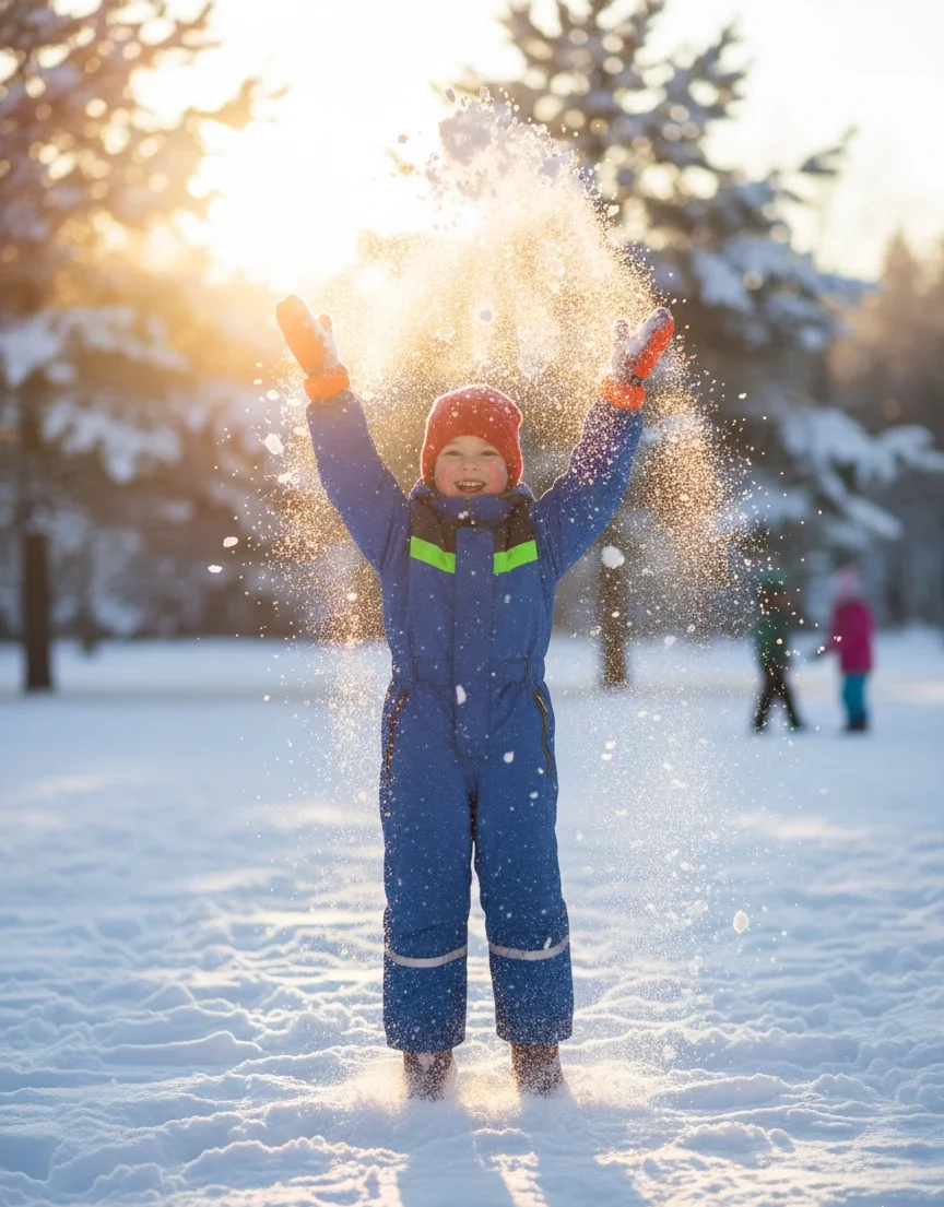 Дитина грається із снігом взимку, профілактика частих застуд дітей наприкінці зими