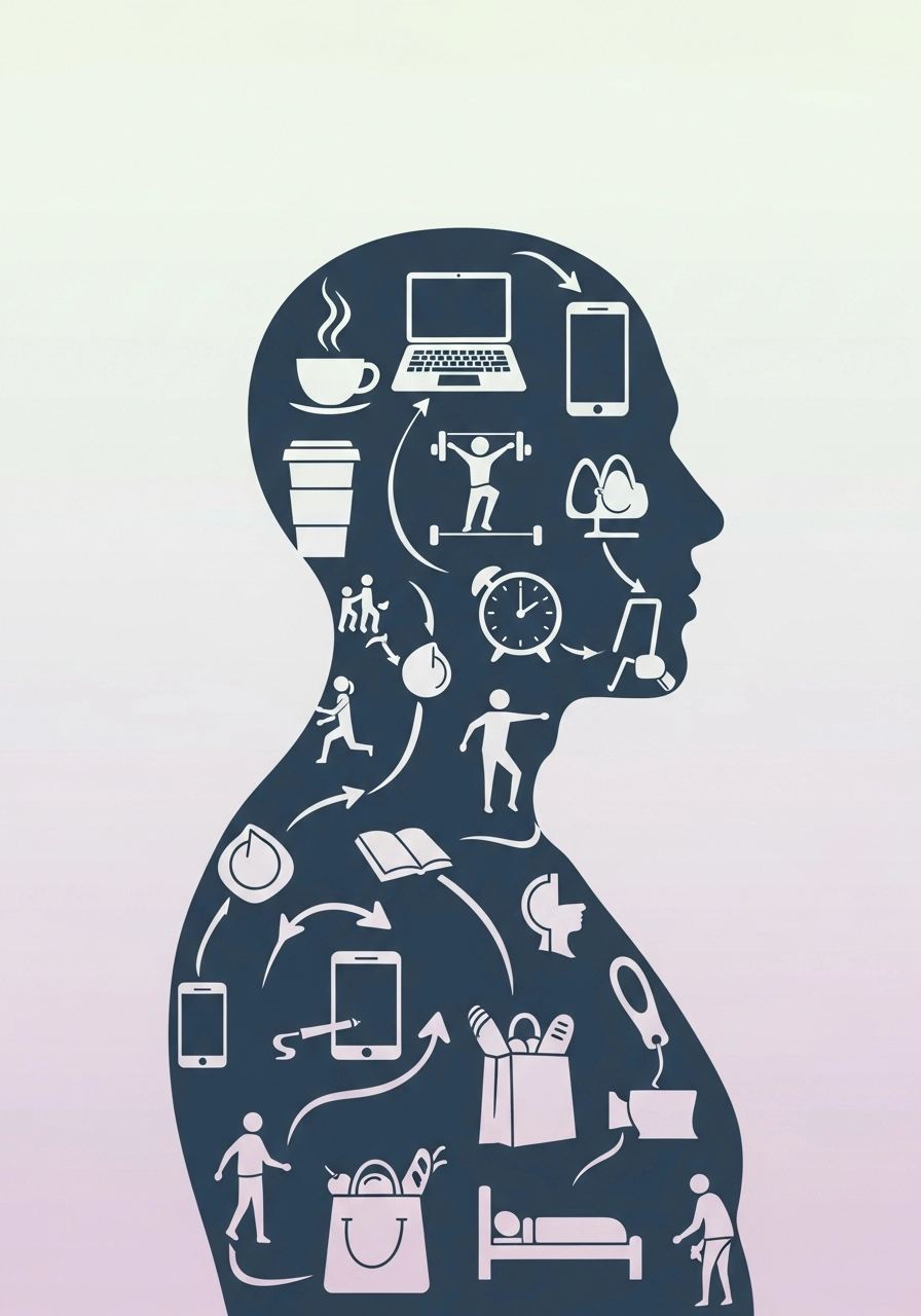 Людина на тлі символів повсякденних звичок, що формують хронічний біль