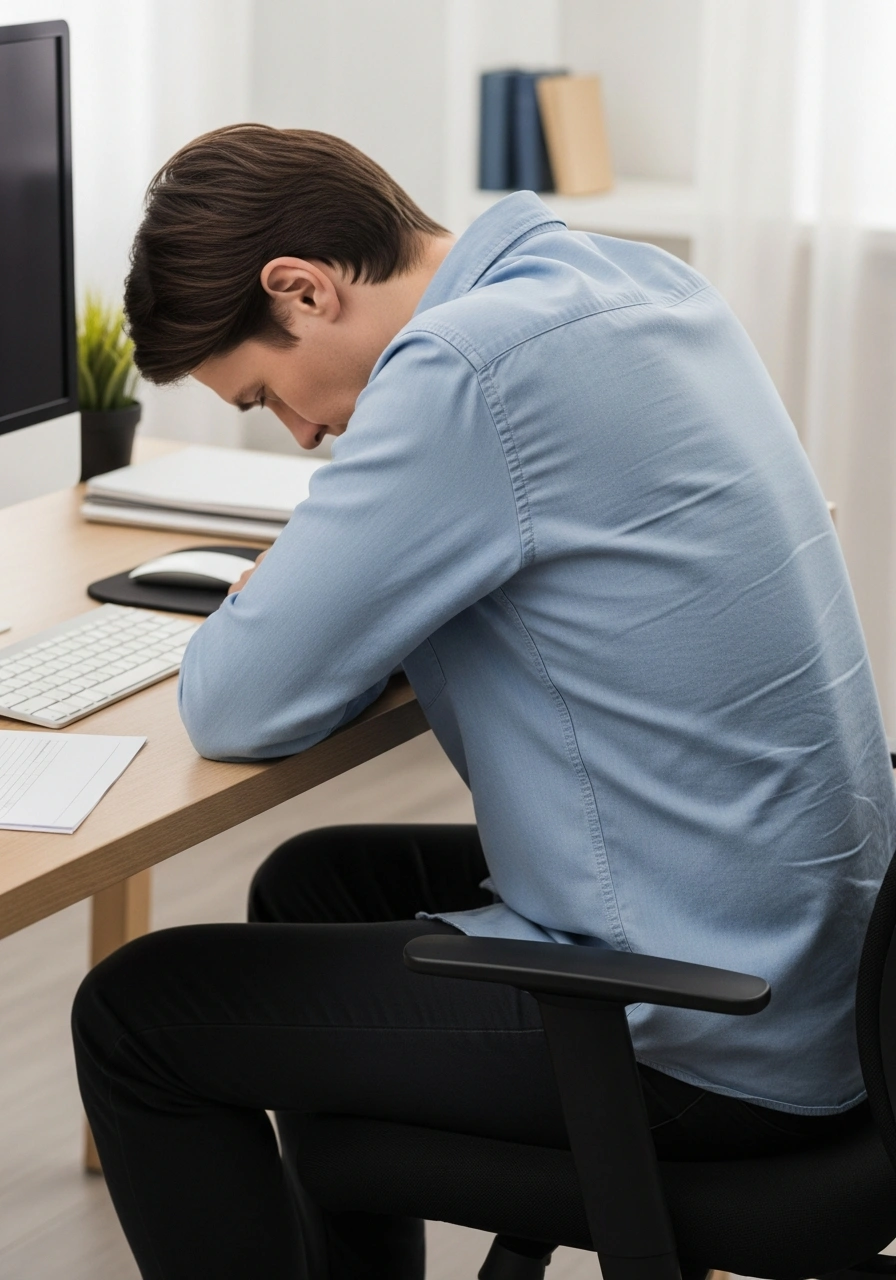 Чоловік сидить за столом у незручній позі, що може викликати хронічний біль