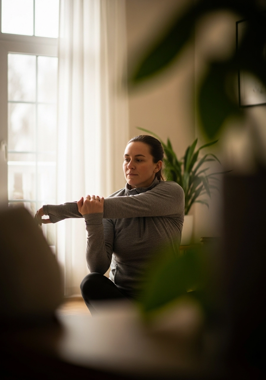 Жінка виконує розтяжку вдома, за вікном сильні морози