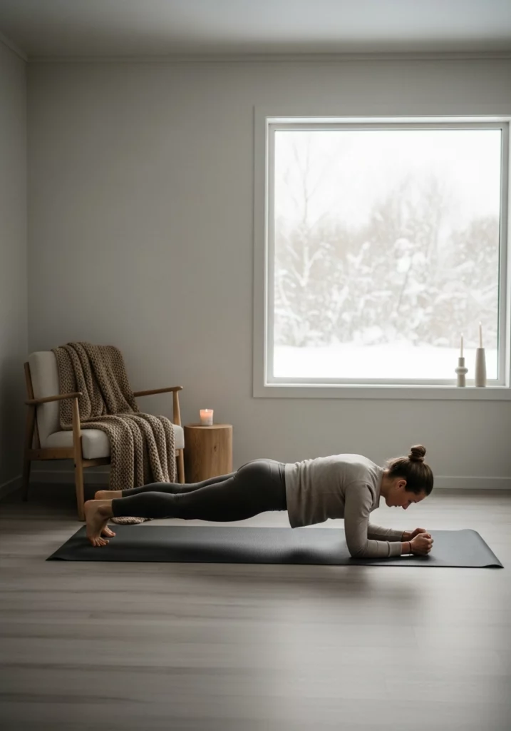 Жінка робить планку вдома під час тренування у сильні морози