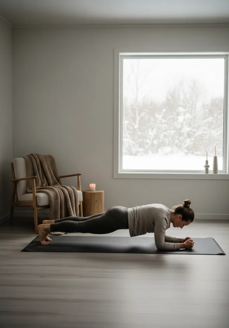 Жінка робить планку вдома під час тренування у сильні морози