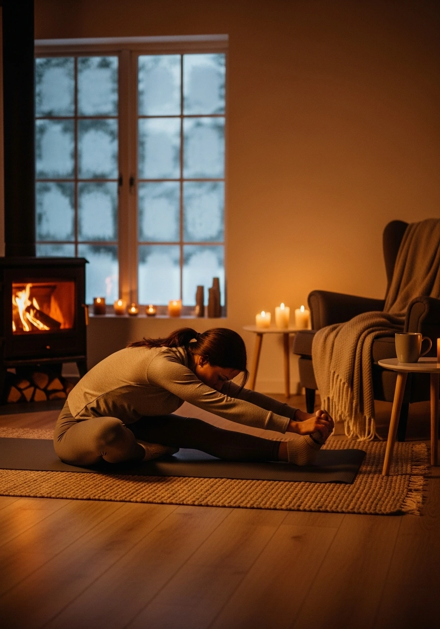 Жінка виконує вправи вдома біля каміну під час сильних морозів.