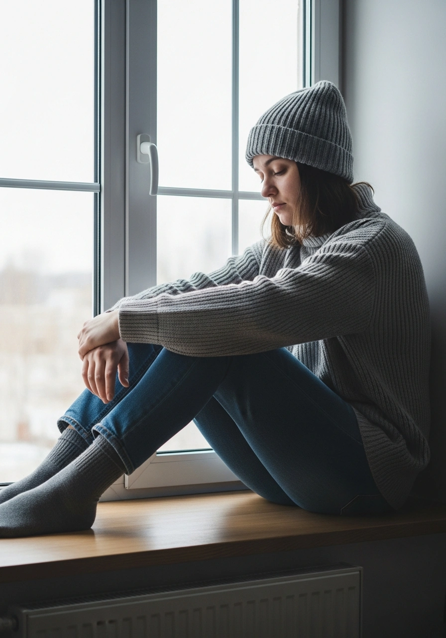 Женщина сидит у окна зимой — иллюстрация хроническая усталость в конце зимы