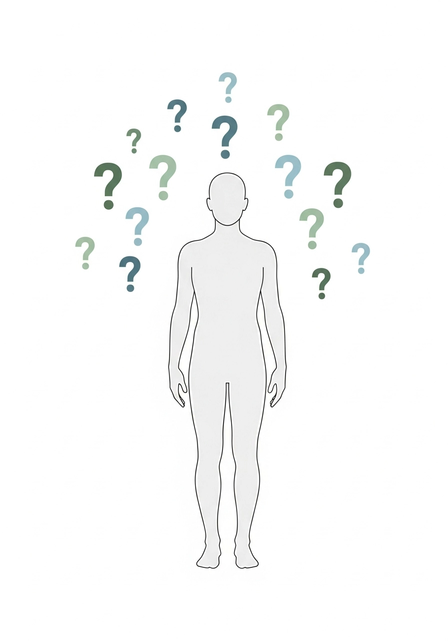 Ілюстрація людини зі знаками питання над головою символізує хибні діагнози під час самодіагностики.