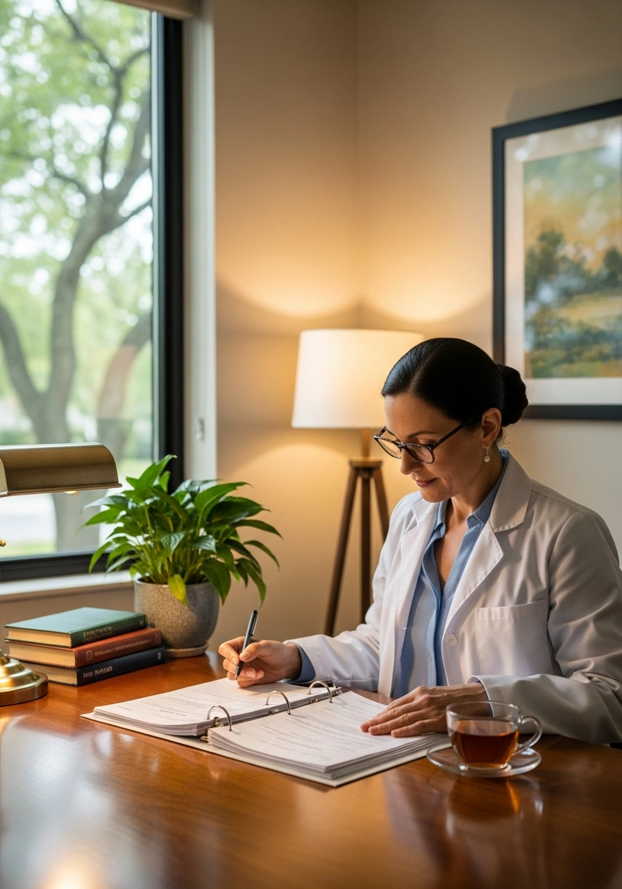 Лікарка робить записи у медичній карті пацієнта в кабінеті.