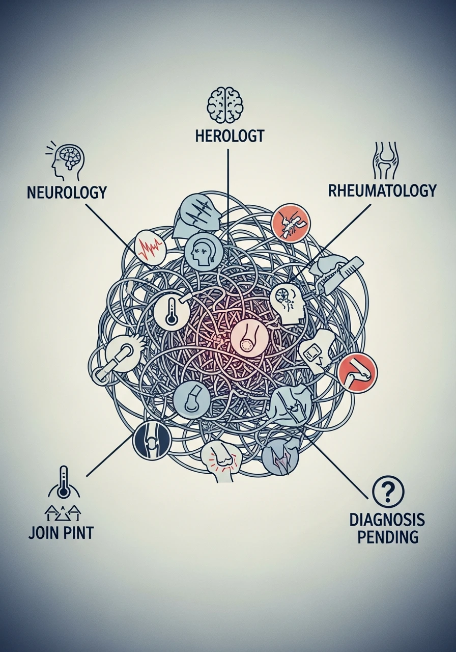 Концептуальна ілюстрація з заплутаним клубком ліній та іконками різних симптомів і смартфона, що символізує складність самодіагностики.