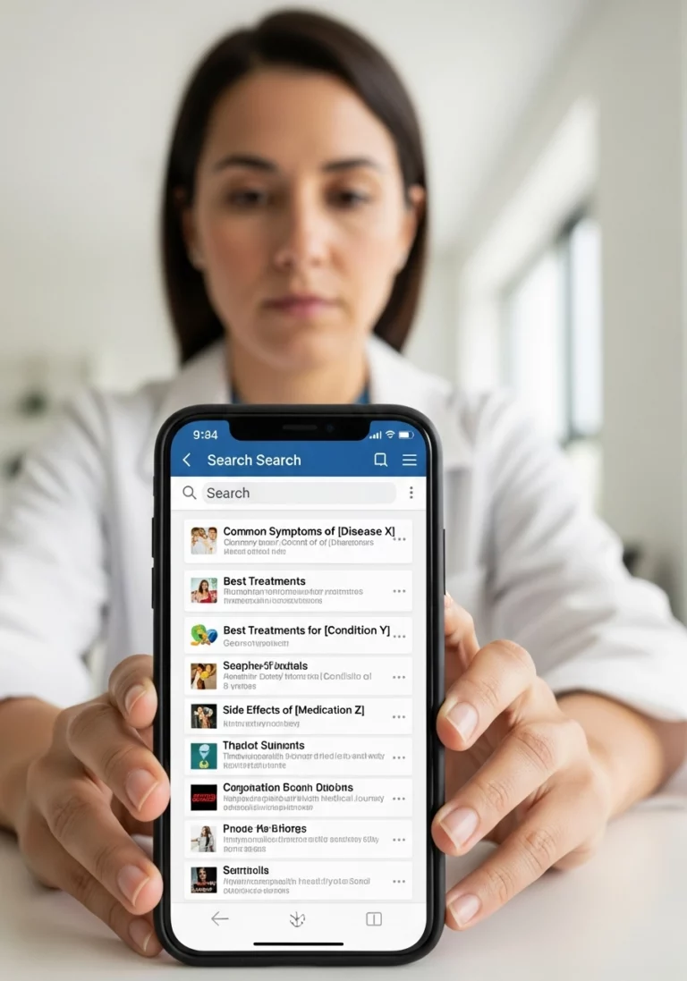 Жінка тримає перед собою смартфон, на екрані якого відображені результати пошуку про симптоми хвороб, методи лікування та побічні ефекти ліків
