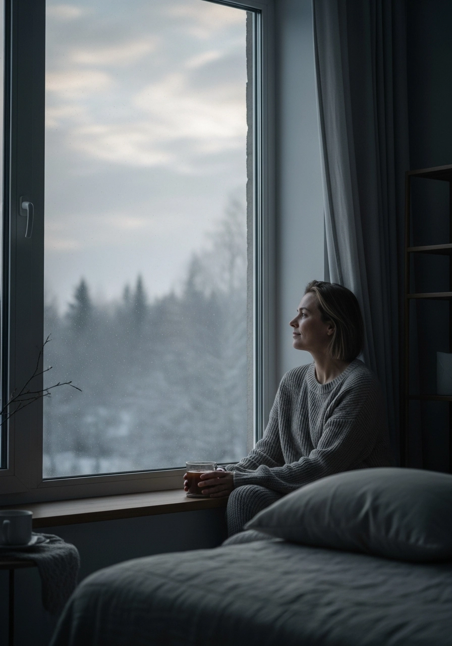 Женщина смотрит в окно в пасмурную зимнюю погоду при коротком световом дне