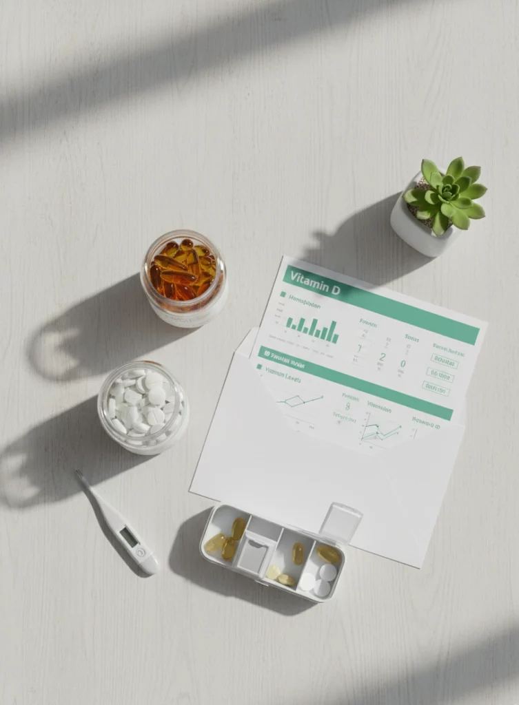 Набір капсул і таблеток та термометр при дефіциті вітамінів наприкінці зими