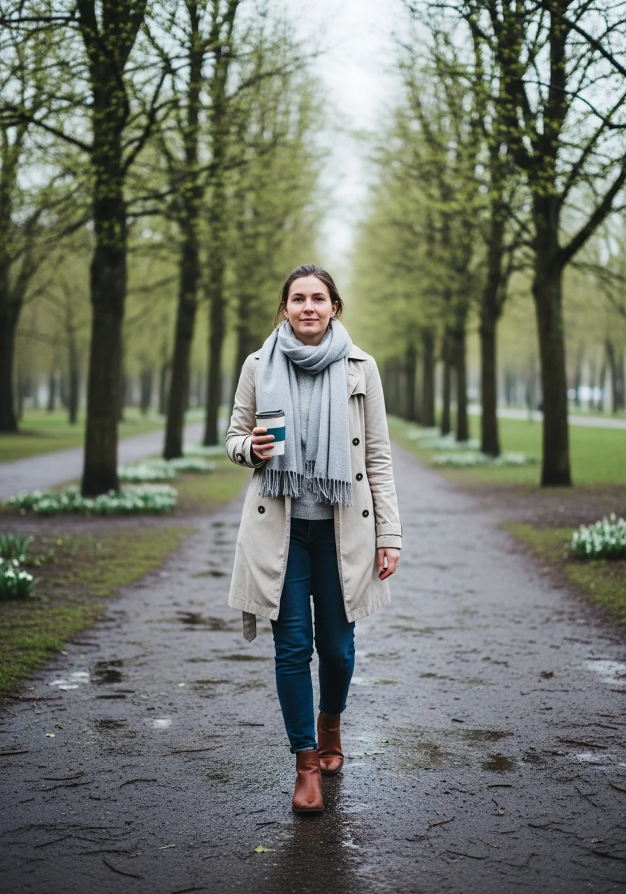 Жінка гуляє в парку після розталого снігу під час переходу від зими до весни