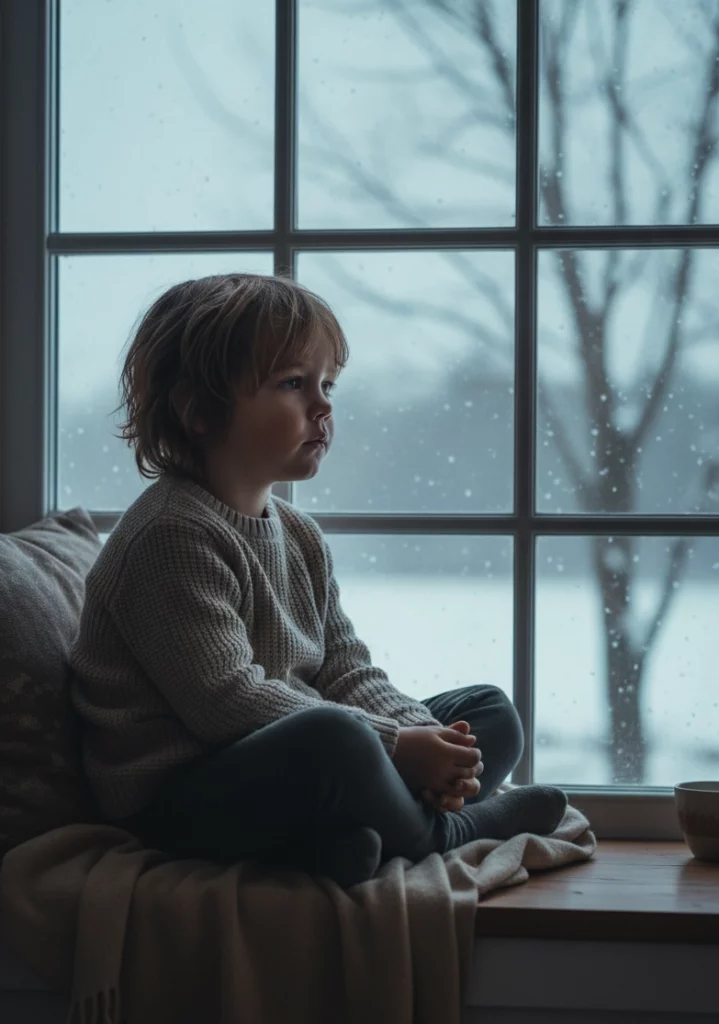 Дитина швидко втомлюється: хлопчик сидить біля вікна у похмуру погоду