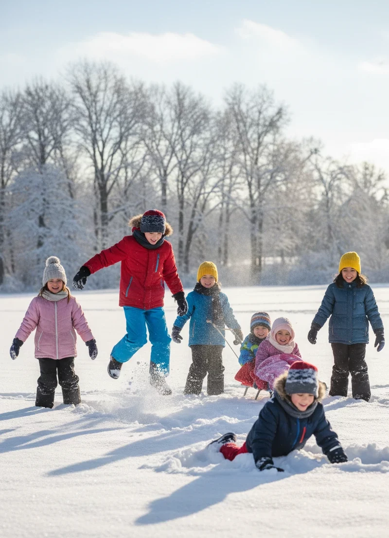 Дети играют на свежем воздухе зимой и выглядят энергичными