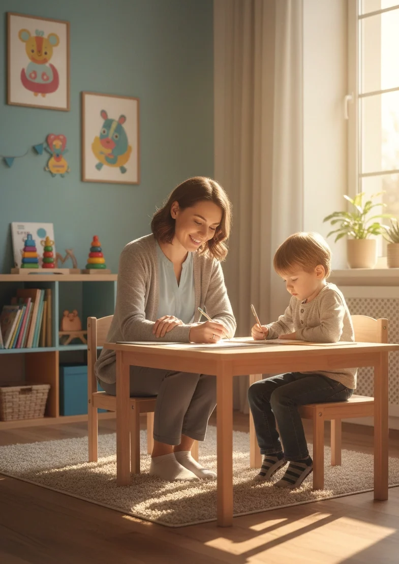 Мама помогает ребенку с домашним заданием за письменным столом