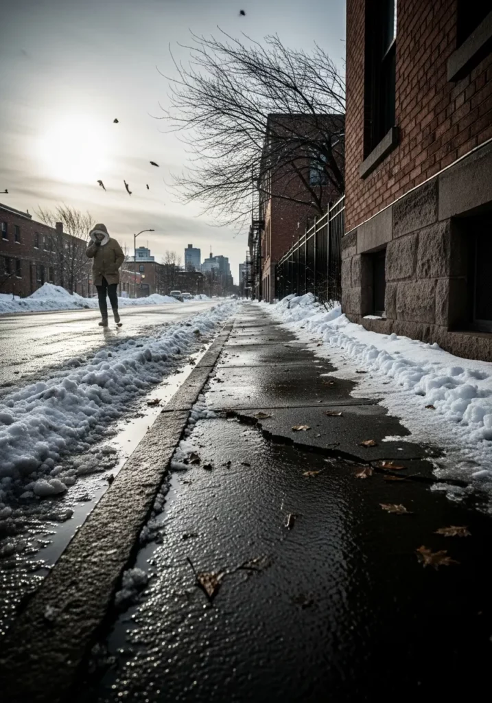 Людина йде по мокрому тротуару взимку під поривчастим вітром при різких перепадах температури