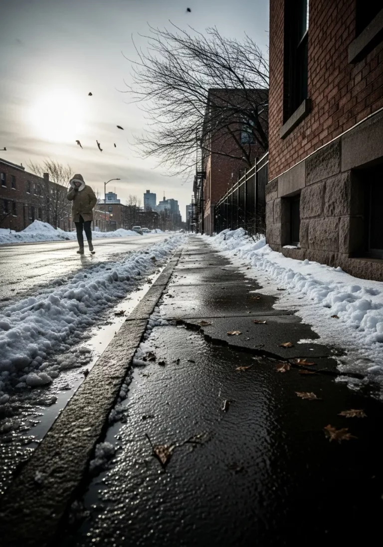 Людина йде по мокрому тротуару взимку під поривчастим вітром при різких перепадах температури