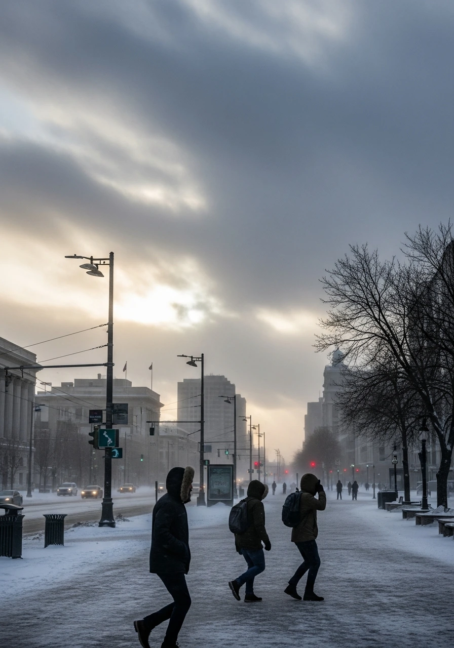 People walking on a winter city sidewalk under a cloudy sky during sharp temperature changes in February