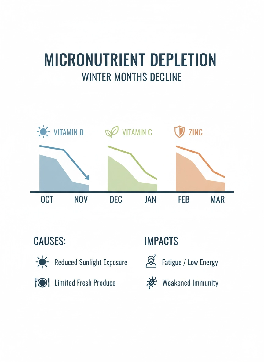 Сезонный дефицит микронутриентов: график изменений запасов витамина D, C и цинка с осени до весны