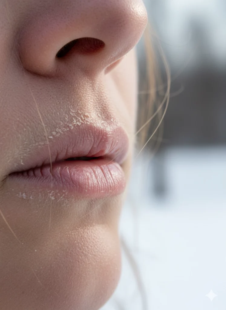 Крупний план жінки з пересушеною шкірою обличчя взимку — потреба в зимовому догляді за шкірою