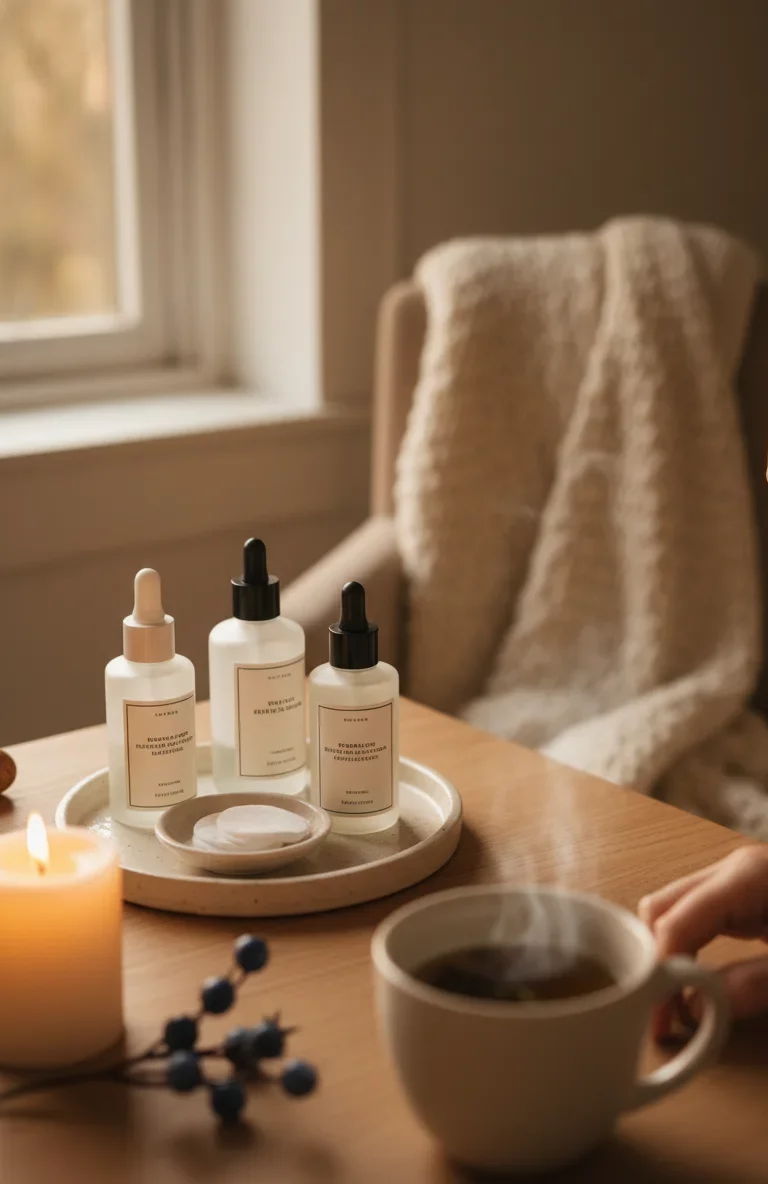 Зимовий догляд за шкірою: косметичні баночки, ватні диски та чашка чаю на столику в холодний сезон