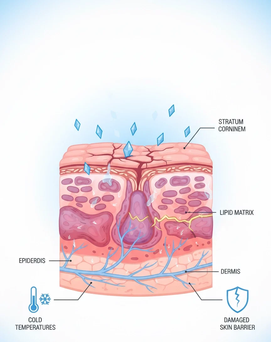 Схема структури шкіри з поясненням як діє зимовий догляд за шкірою