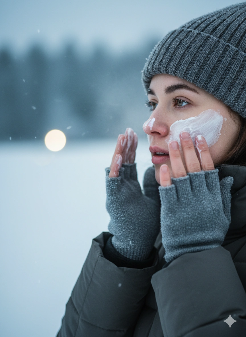 Зимовий догляд за шкірою: жінка наносить захисний крем на обличчя на морозі