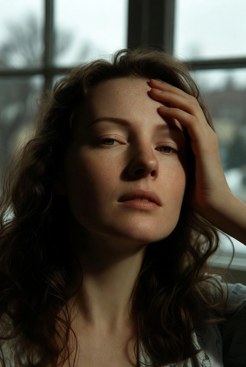 Портрет жінки з ознаками втоми через метеозалежність, коли відбуваються непередбачувані перепади температури навесні