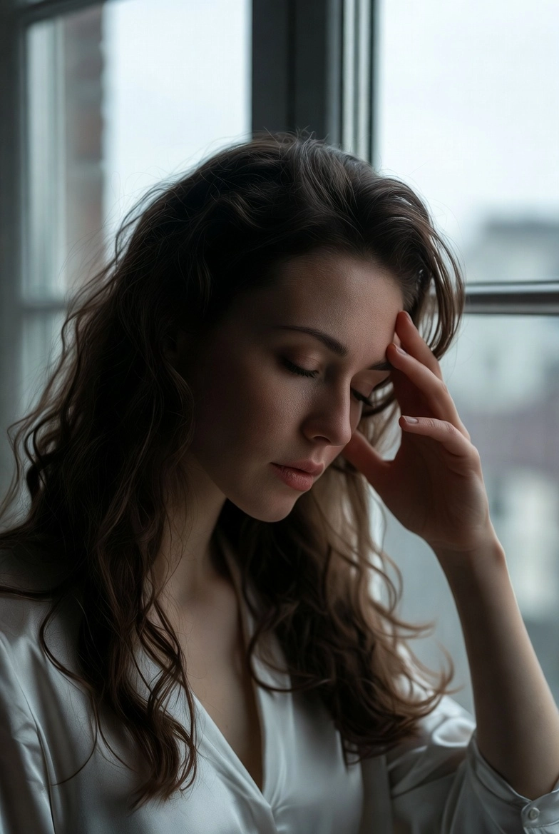 Втомлена жінка біля вікна відчуває нездужання через метеочутливість і перепади температури навесні