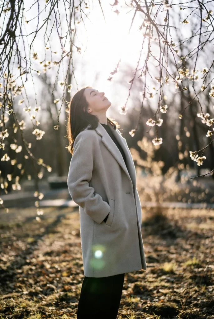 Жінка стоїть у парку під сонячним світлом навесні під час прогулянки на свіжому повітрі