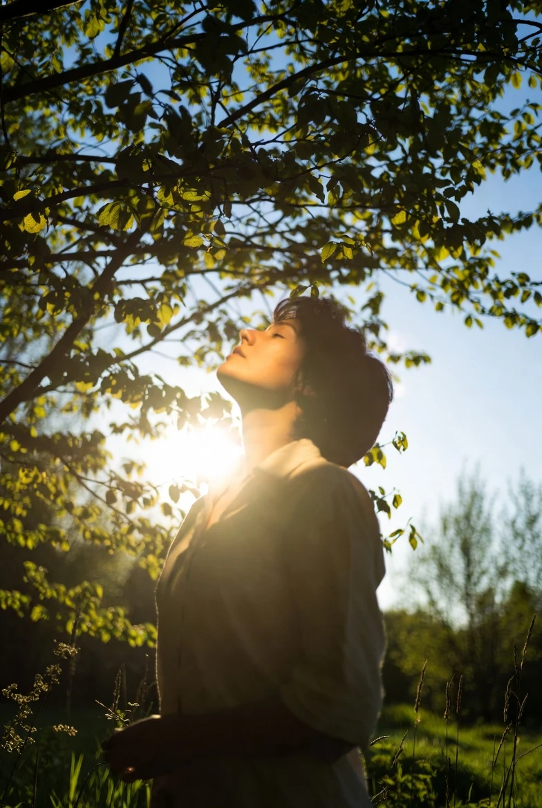 Жінка стоїть на свіжому повітрі під сонячним світлом під час прогулянки, що допомагає зменшити перепади настрою навесні
