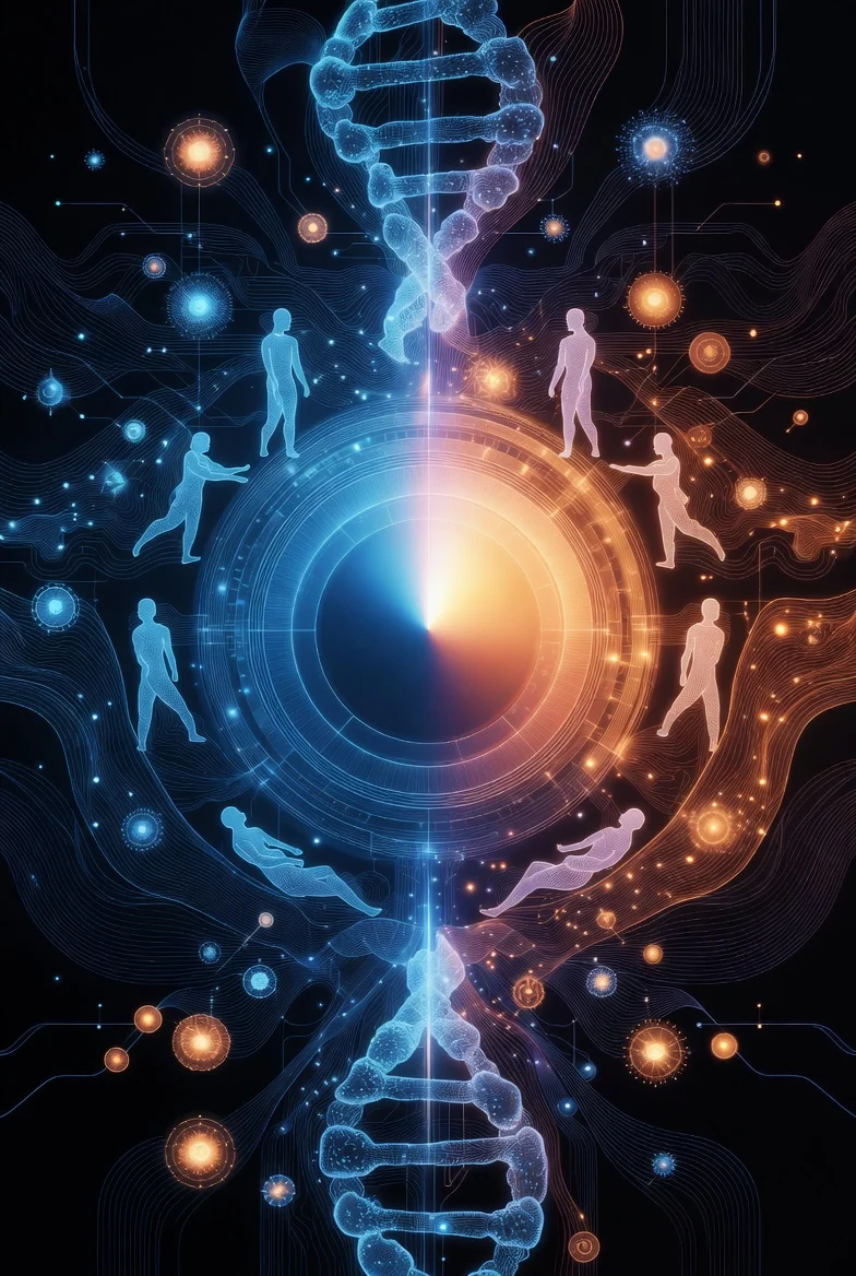 Абстрактна ілюстрація ДНК і людських силуетів, що символізує біологічні зміни в організмі навесні