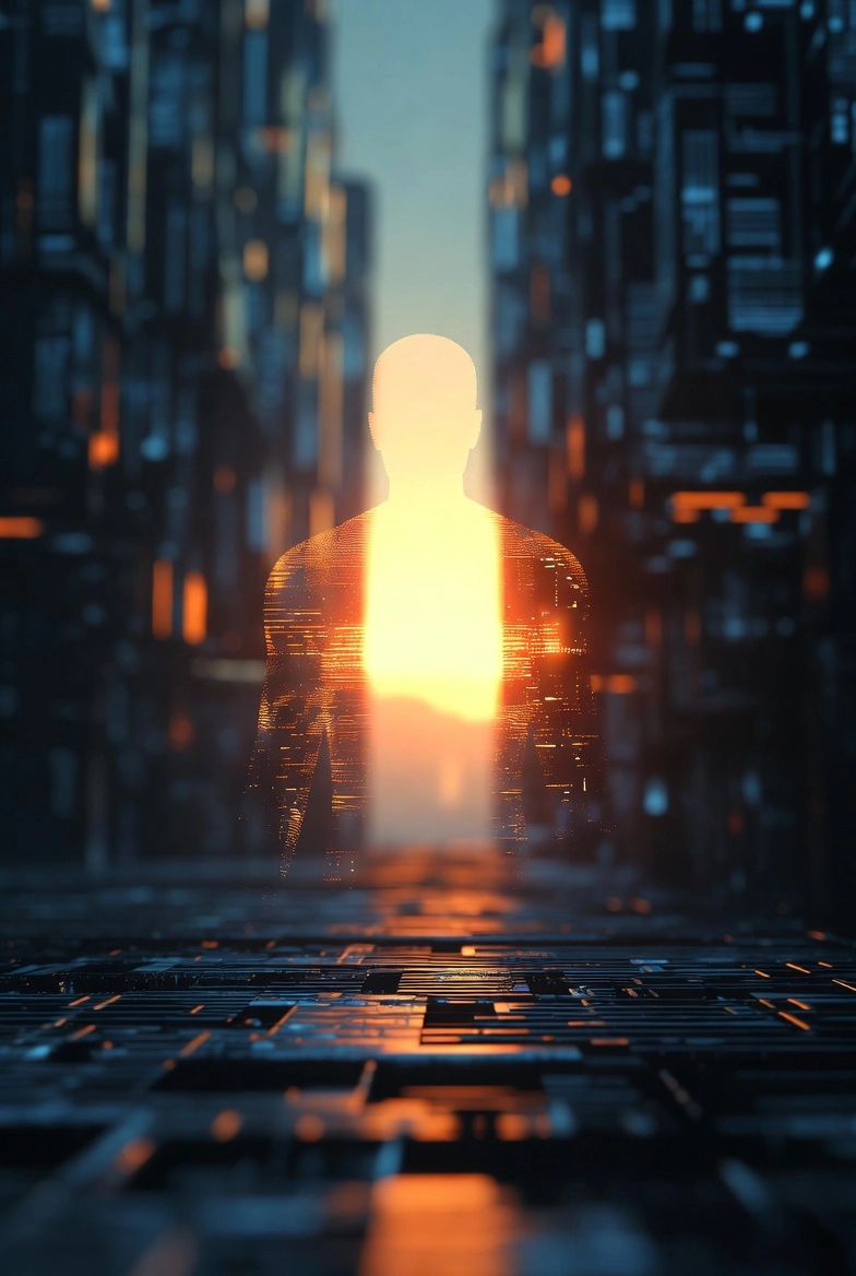 Силует людини на фоні світанку в місті