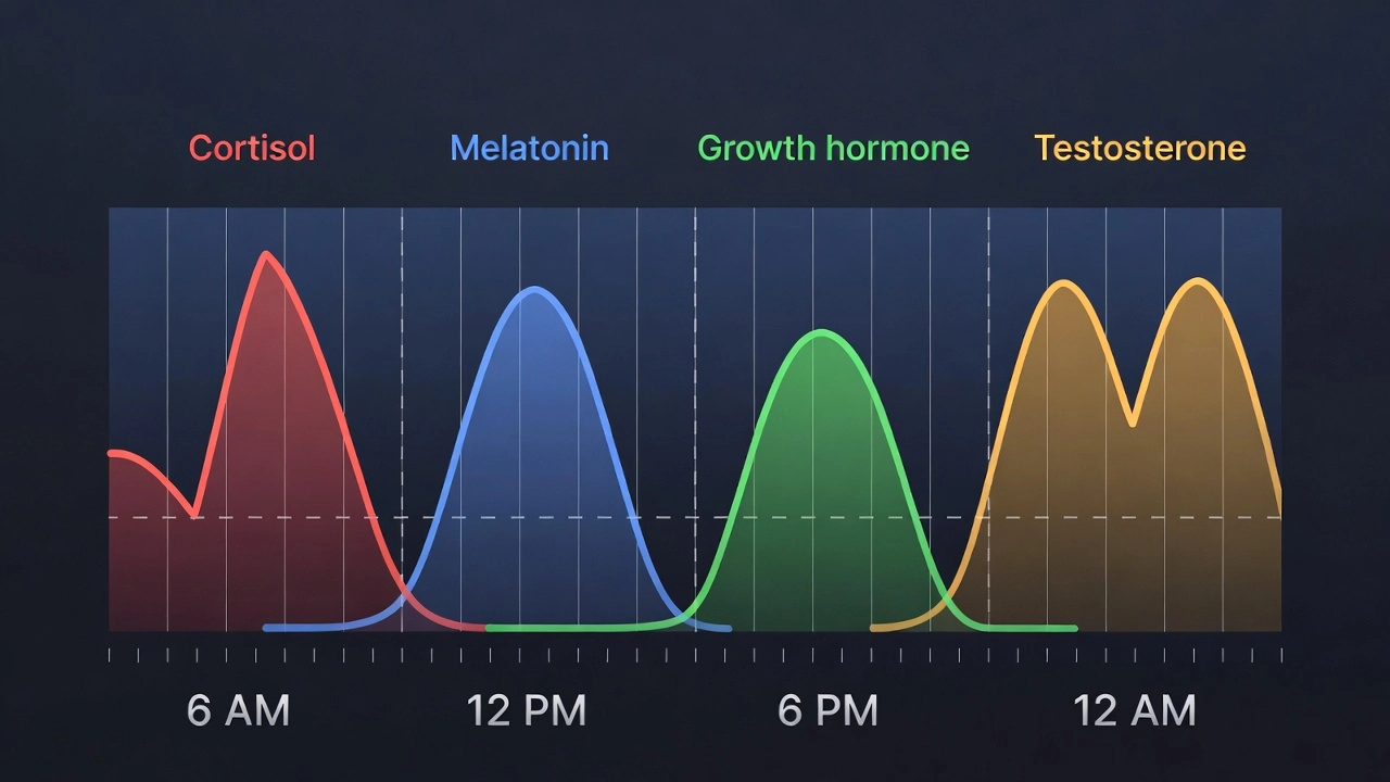 Графік добових ритмів кортизолу та мелатоніну, пов’язаних із явищем весняна сонливість