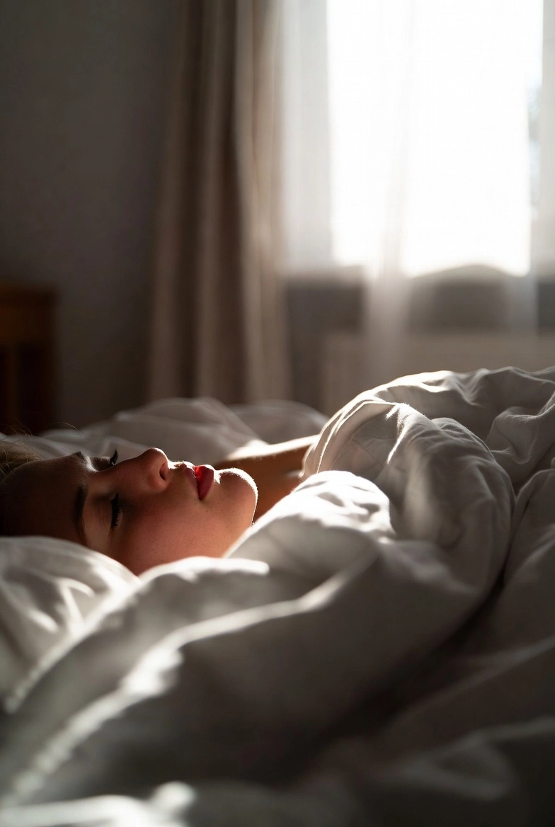 Людина спить у ліжку, на неї падають ранкові сонячні промені — приклад ранніх пробуджень і поверхневого сну навесні