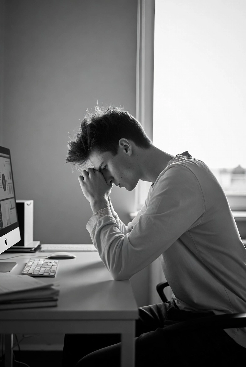 Чоловік втомлений на роботі через поганий сон навесні