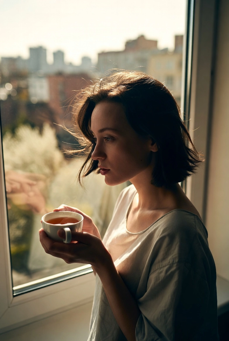 Жінка біля вікна під сонячним світлом — природне джерело вітаміну D навесні