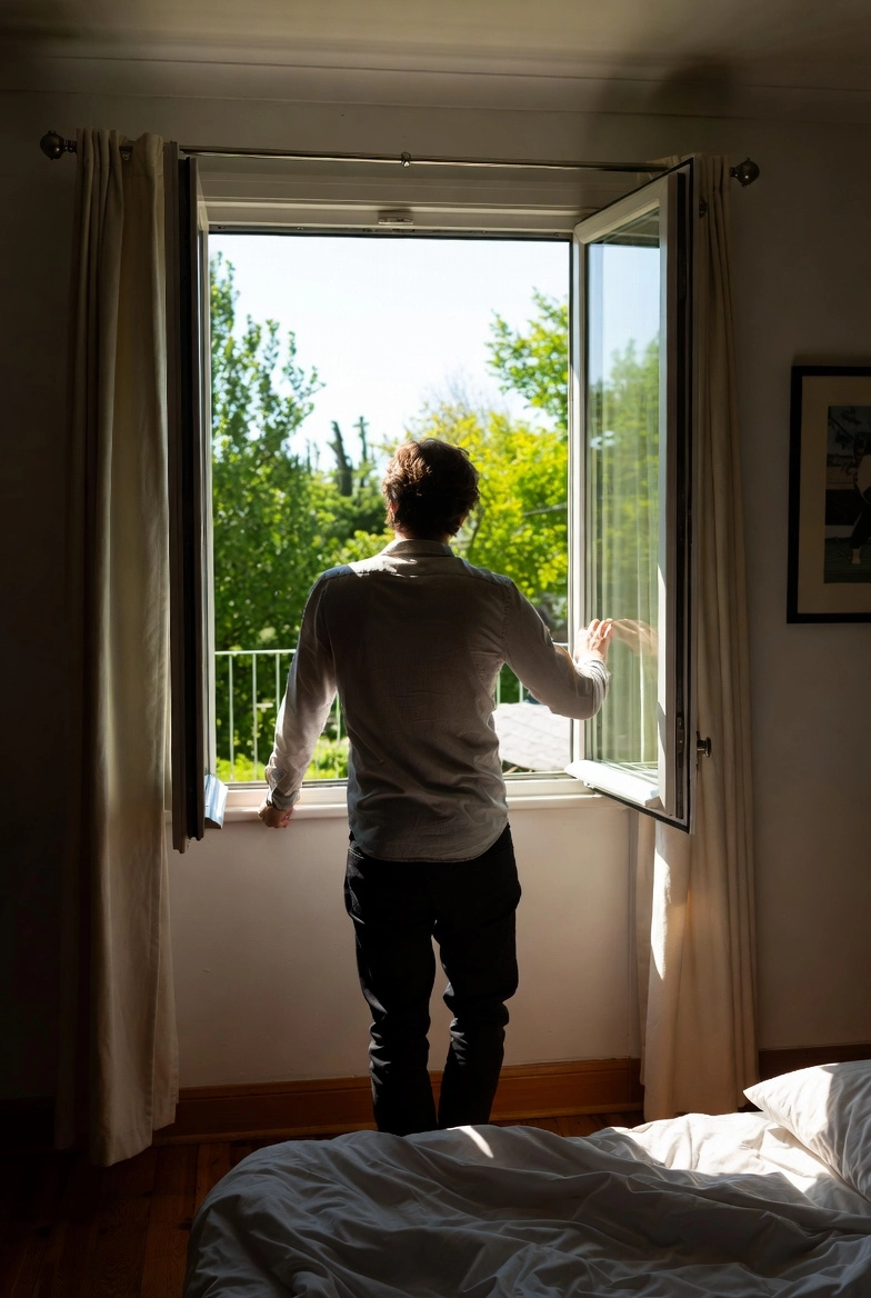 Чоловік біля відкритого вікна навесні під час адаптації організму