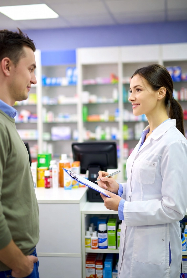 Pharmacist advising a client in a pharmacy about seasonal pollen allergy