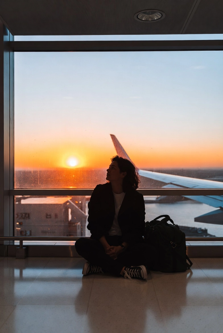 Жінка сидить на підлозі в аеропорту — втома після перельоту