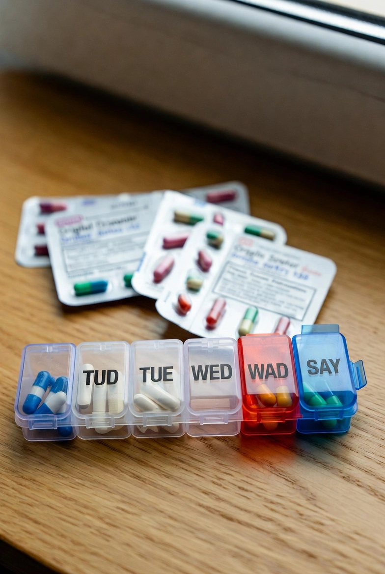 Weekly pill organizer with labels of the days of the week in English against a background of blister packs.