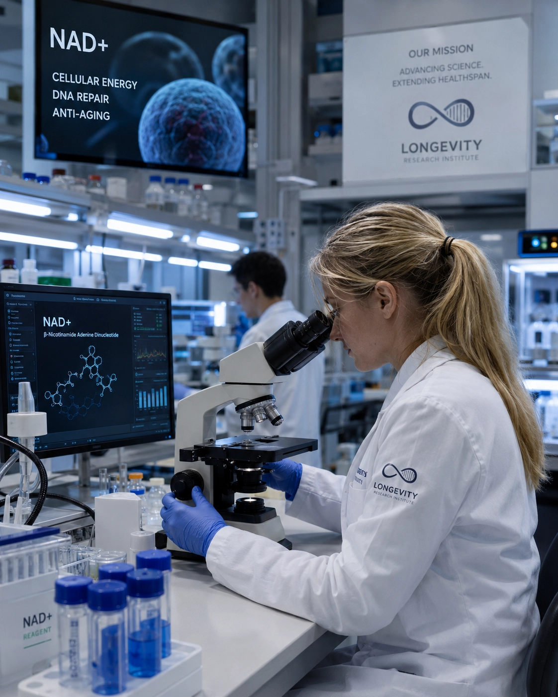 Лабораторне дослідження молекули NAD+ у Longevity Research Institute для вивчення відновлення ДНК та омолодження клітин.