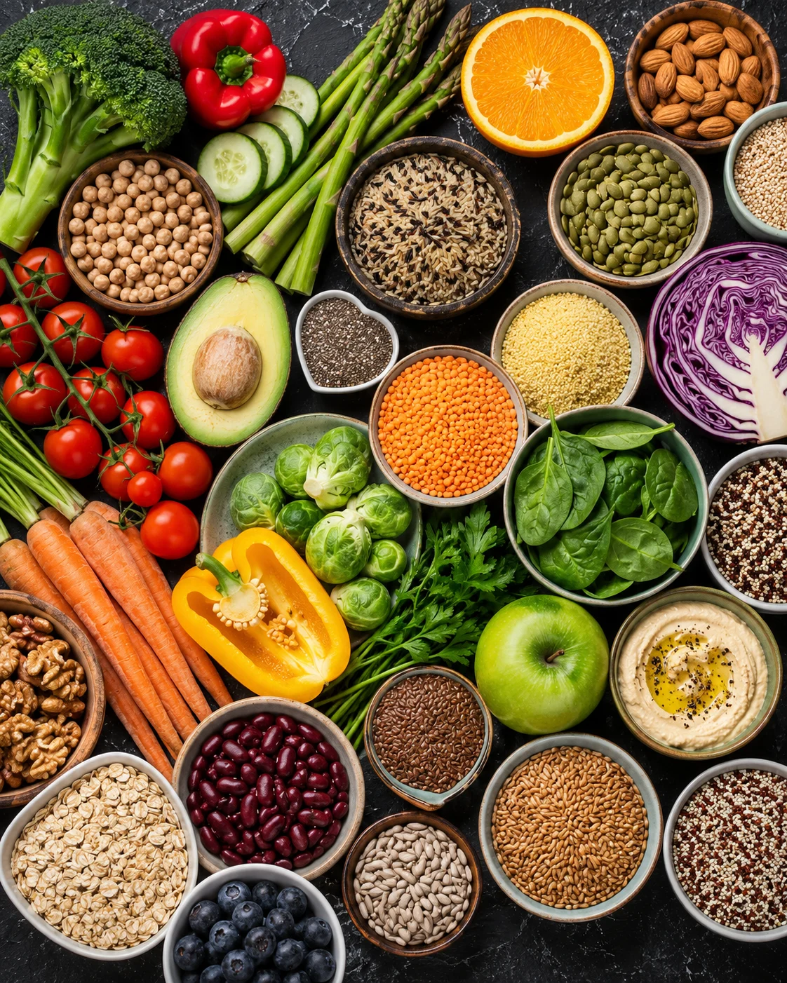 Різноманіття продуктів з високим вмістом клітковини: бобові, овочі, фрукти, ягоди та горіхи для мікробіому