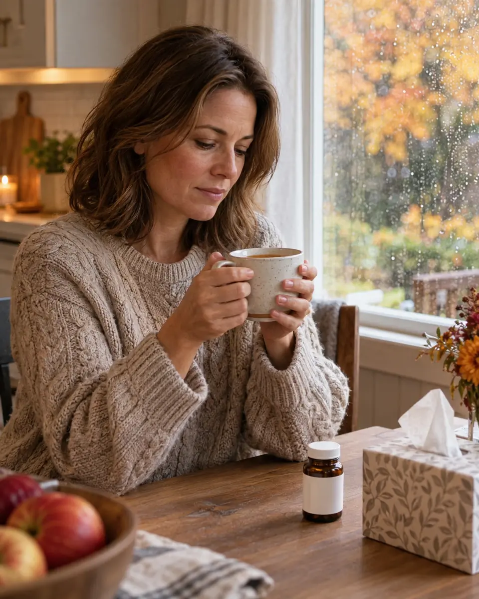 Woman with a cup of tea in autumn: cold season, when people ask about bromelain