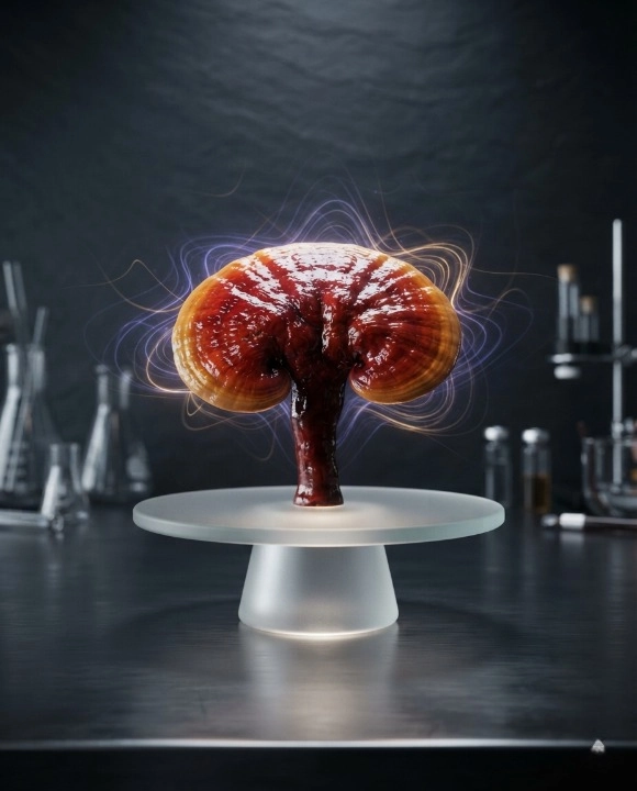Гриб рейші Ganoderma lucidum із заспокійливим бурштиновим світінням на постаменті в біотех-лабораторії