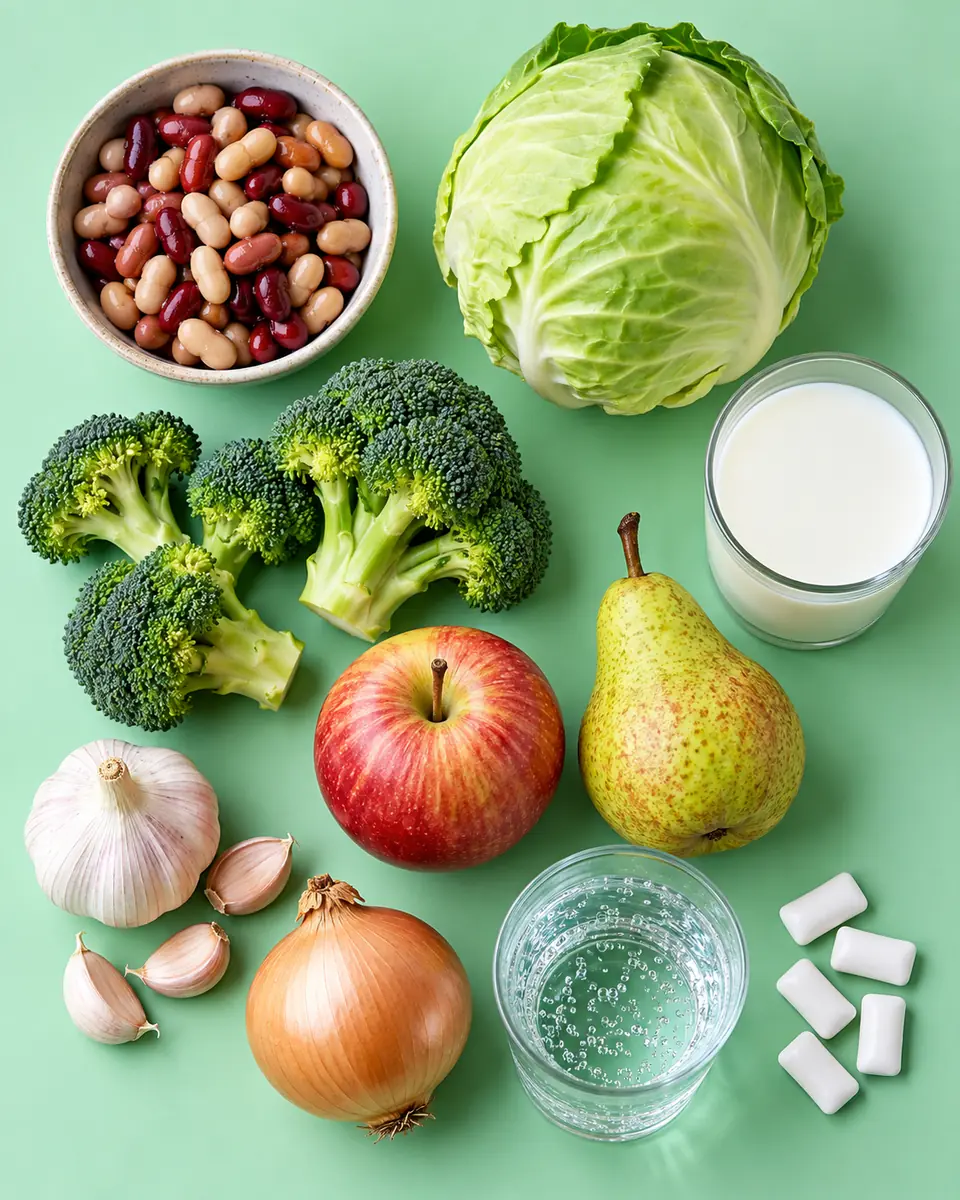 Продукти, які найчастіше викликають здуття: квасоля, капуста, броколі, молоко, яблуко, груша, цибуля, часник, газована вода і жуйка